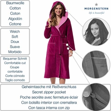 Morgenstern Bademantel für Damen aus Baumwolle mit Kapuze in Fuchsia Damen Bademantel wadenlang Frauen Bademantel Velours Größe M Leonie - 3