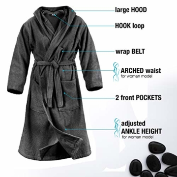 Twinzen Bademantel Damen - S - DarkGrau - 100% Baumwolle (350g/m²) OEKO-TEX® Zertifiziert - Bademantel mit Kapuze, 2 Taschen, Gürtel - 2