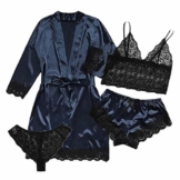 4 Teiliges Satin Pyjama Dessous-Sets, Dessous Frauen Spitze Babydoll Nachtwäsche Nachthemd Set Kimono Damen Morgenmantel Satin Bademantel Seide Roben V Ausschnitt Mit Blumenspitze - 1