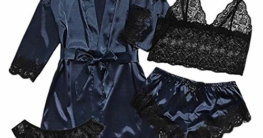 4 Teiliges Satin Pyjama Dessous-Sets, Dessous Frauen Spitze Babydoll Nachtwäsche Nachthemd Set Kimono Damen Morgenmantel Satin Bademantel Seide Roben V Ausschnitt Mit Blumenspitze - 1