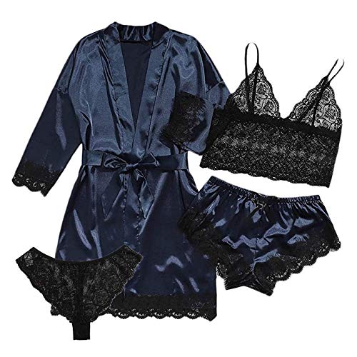 4 Teiliges Satin Pyjama Dessous-Sets, Dessous Frauen Spitze Babydoll Nachtwäsche Nachthemd Set Kimono Damen Morgenmantel Satin Bademantel Seide Roben V Ausschnitt Mit Blumenspitze - 1