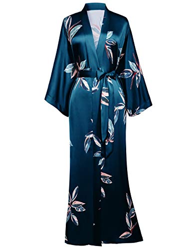 BABEYOND Damen Morgenmantel Blätter Muster Maxi Lang Robe Kimono Sommer Satin Bademantel Damen Strandkleid Leicht Schlafmantel (Dunkelgrün, Einheitsgröße) - 1