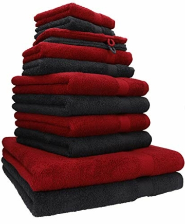Betz 12-tlg. Handtuch Set PREMIUM 100% Baumwolle 2 Duschtücher 4 Handtücher 2 Gästetücher 2 Seiftücher 2 Waschhandschuhe Farbe rubinrot/graphit - 1