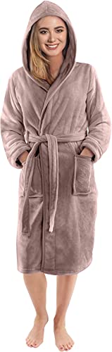 NY Threads Damen Fleece Morgenmantel mit Kapuze - Plüsch & kuscheliger Bademantel (Taupe, Medium) - 1