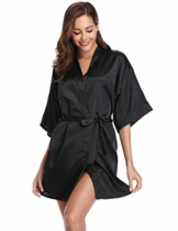 Vlazom Kimono Robe Damen Morgenmantel Kurzer Satin Bademantel Mit Gürtel V-Ausschnitt Kimono(M,Schwarz) - 1