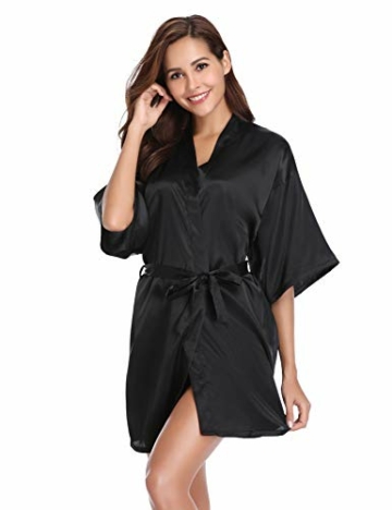 Vlazom Kimono Robe Damen Morgenmantel Kurzer Satin Bademantel Mit Gürtel V-Ausschnitt Kimono(M,Schwarz) - 4