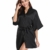 Vlazom Kimono Robe Damen Morgenmantel Kurzer Satin Bademantel Mit Gürtel V-Ausschnitt Kimono(M,Schwarz) - 4