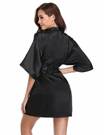 Vlazom Kimono Robe Damen Morgenmantel Kurzer Satin Bademantel Mit Gürtel V-Ausschnitt Kimono(M,Schwarz) - 5