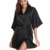 Vlazom Kimono Robe Damen Morgenmantel Kurzer Satin Bademantel Mit Gürtel V-Ausschnitt Kimono(M,Schwarz) - 1