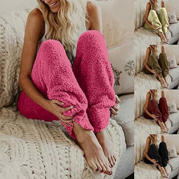 BIBOKAOKE Damen Hose Teddy Fleece Plüsch High Waist Elegant Winter Warm Hosen Frauen Elastischer Bund Flauschig Lang Einfarbig Freizeithose Yogahose Haushose Loose Schlafanzughose - 2