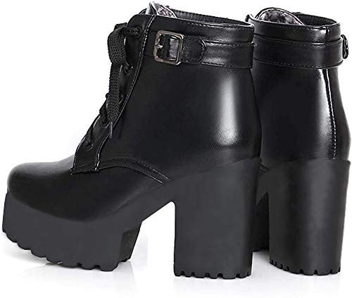 Blockabsatz High Heels Stiefeletten mit Schnürung und 10cm Absatz Ankle Boots Winter Schuhe(Schwarz,37) - 2