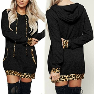 Fannyfuny Hoodie Damen Kleider mit Kapuze Frauen Herbst Winter Pullover Pulli Kleid Langarm Warme Leopard Gedruckt Kleider Knielang Kleid Casual Elegant Party Kleider Freizeit Kleider Wrap Kleid S-XXL - 3