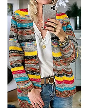 HAHAEMMA Damen Regenbogen Strickjacke Cardigan Pullover Langarm Mehrfarbig Gestreifter Pullover Vorne Offene Jacke Herbst Winter - 2