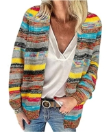 HAHAEMMA Damen Regenbogen Strickjacke Cardigan Pullover Langarm Mehrfarbig Gestreifter Pullover Vorne Offene Jacke Herbst Winter - 1