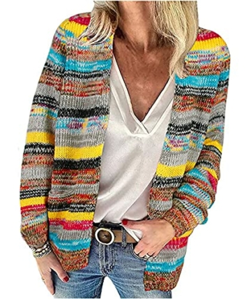 HAHAEMMA Damen Regenbogen Strickjacke Cardigan Pullover Langarm Mehrfarbig Gestreifter Pullover Vorne Offene Jacke Herbst Winter - 1