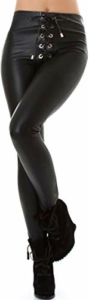 Jela London Damen Schwarze Kunst-Leder Hose Wetlook Leggings Treggings Schnürung High-Waist Hoher Bund Clubwear, 34 36 (S) - 3