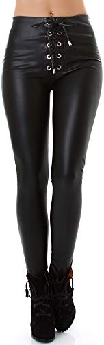 Jela London Damen Schwarze Kunst-Leder Hose Wetlook Leggings Treggings Schnürung High-Waist Hoher Bund Clubwear, 34 36 (S) - 1
