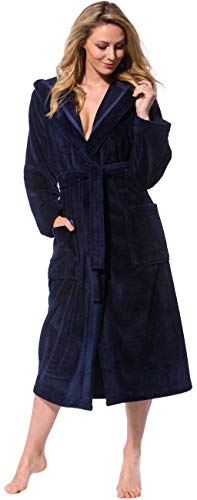 Morgenstern Bademantel Damen lang mit Kapuze in Nachtblau Geena Hausmantel Saunamantel wadenlang einfarbig Frauen M Duschmantel long - 3