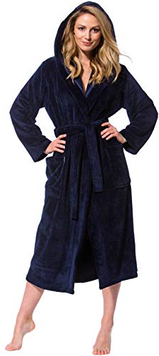 Morgenstern Bademantel Damen lang mit Kapuze in Nachtblau Geena Hausmantel Saunamantel wadenlang einfarbig Frauen M Duschmantel long - 1