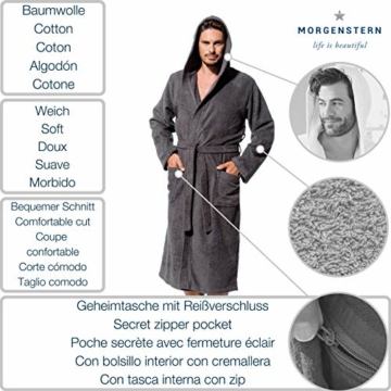 Morgenstern Bademantel Herren mit Kapuze aus Frottee in Blau, Grau, XL - 2