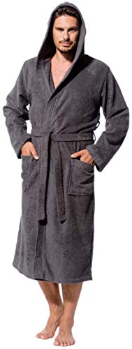 Morgenstern Bademantel Herren mit Kapuze aus Frottee in Blau, Grau, XL - 4