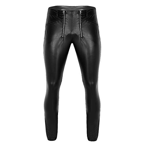 MSemis Herren Strumpfhose Wetlook Lederhose Pants Tight Glanz Leggings Leder-Optik Hose Ouvert Panty Unterwäsche mit Reißverschluss Clubwear M L XL Schwarz Medium - 2