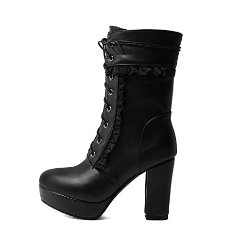 SHEMEE Damen Ankle Boots High Heels Plateau Stiefeletten mit Blockabsatz Schnürung 10cm Absatz Schnürstiefeletten Winter Schuhe(Schwarz,44) - 4