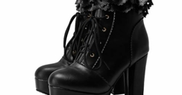 SHEMEE Damen High Heels Plateau Stiefeletten mit Blockabsatz und Schnürung 10CM Absatz Lolita Rockabilly Cosplay Ankle Boots Winter Schuhe(Schwarz,44) - 4