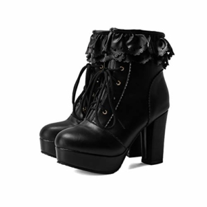 SHEMEE Damen High Heels Plateau Stiefeletten mit Blockabsatz und Schnürung 10CM Absatz Lolita Rockabilly Cosplay Ankle Boots Winter Schuhe(Schwarz,44) - 4