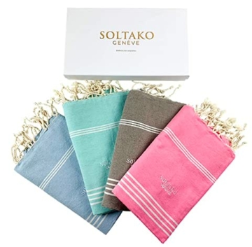 SOLTAKO XXL 4X Fouta Strandtuch Handtuch Saunatuch Badetuch Hamamtuch Yoga Decke Pestemal in Kirschblütenrosa/Mint/Taupe/Himmelblau Farben als 4er Familienset extra groß, 100 x 200 cm - 1