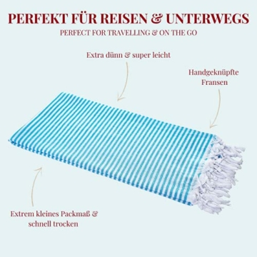 Carenesse Hamamtuch Streifen 90 x 180 cm türkis 100% Baumwolle I Sehr leichtes Hamam Handtuch extrem kleines Packmaß I Extra dünnes Pestemal / Fouta saugfähig & schnelltrocknend I Sommerplaid - 3