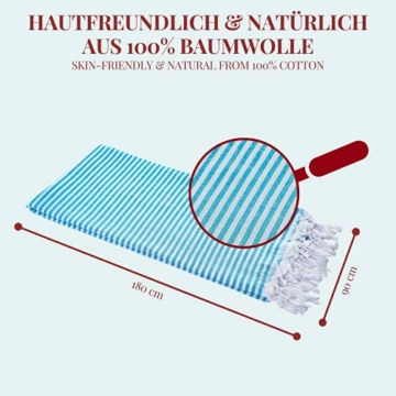 Carenesse Hamamtuch Streifen 90 x 180 cm türkis 100% Baumwolle I Sehr leichtes Hamam Handtuch extrem kleines Packmaß I Extra dünnes Pestemal / Fouta saugfähig & schnelltrocknend I Sommerplaid - 7