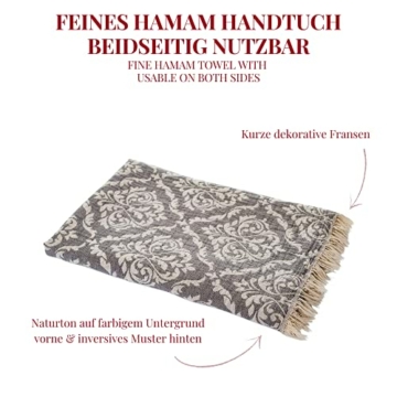 Carenesse Jacquard Hamamtuch Barock 90 x 175 cm grau I Edles Hamam Handtuch 100% saugfähige Baumwolle mit hochwertiger Webung I Pestemal / Fouta weich & zart I Leichtes Hamam Strandtuch kompakt - 3