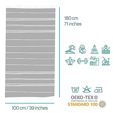 Turquoise Home - Großes türkisches Pestemal Hamamtuch Saunatuch XXL Badetuch 100 x 180 cm Sauna Spa Yoga Strand Picnic (hellgrau, 1) - 3