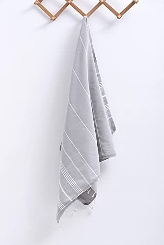 YENGAS Hamamtuch, 95 x 175 cm, Großes Allrounder Tuch aus 100 % Baumwolle, Badetuch für Spa, Sport, Yoga, Pilates, Reisen, Camping, Leicht & Platzsparend, Saunatuch mit Fransen, Strandtuch, Grau - 4