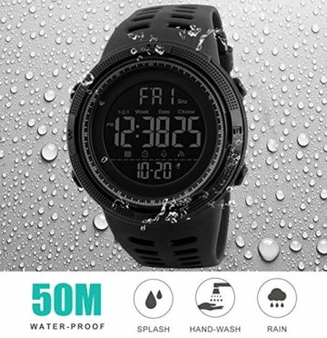 Herren Digitaluhren - 50M wasserdichte Herren Digital Sport Uhren, Schwarz große Gesicht Militär Sportuhr LED Armbanduhr für Männer mit Wecker/Count-down-Timer/Doppelzeit/Stoppuhr/12/24H - 3
