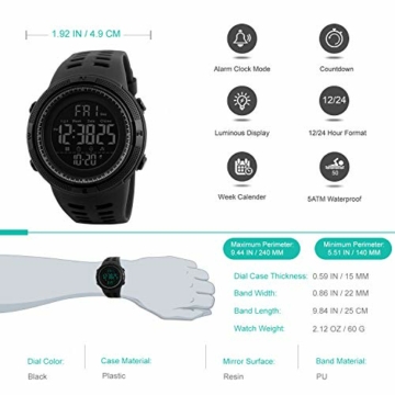 Herren Digitaluhren - 50M wasserdichte Herren Digital Sport Uhren, Schwarz große Gesicht Militär Sportuhr LED Armbanduhr für Männer mit Wecker/Count-down-Timer/Doppelzeit/Stoppuhr/12/24H - 4