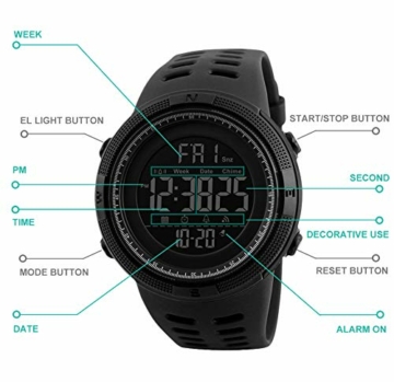 Herren Digitaluhren - 50M wasserdichte Herren Digital Sport Uhren, Schwarz große Gesicht Militär Sportuhr LED Armbanduhr für Männer mit Wecker/Count-down-Timer/Doppelzeit/Stoppuhr/12/24H - 5