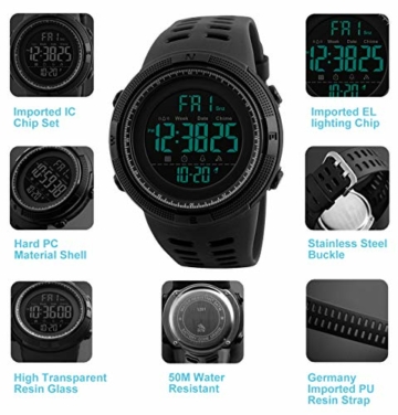 Herren Digitaluhren - 50M wasserdichte Herren Digital Sport Uhren, Schwarz große Gesicht Militär Sportuhr LED Armbanduhr für Männer mit Wecker/Count-down-Timer/Doppelzeit/Stoppuhr/12/24H - 6
