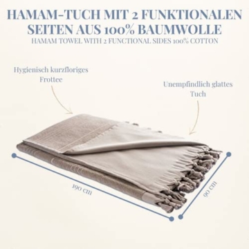 Carenesse 2 in 1 Hamamtuch 90 x 190 cm Light Grey I Zweiseitiges Hamam Handtuch 100% Baumwolle: Glatt & Frottier I Pestemal / Fouta saugfähig & hygienisch I Hamam Strandtuch / Saunahandtuch kompakt - 7