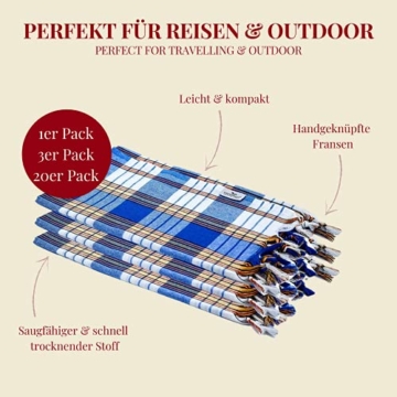 Carenesse Hamamtuch Classic 3er Set 80 x 170 cm I Hamam Handtücher 100% Baumwolle I 3X saugfähiges & schnell trocknendes Pestemal blau kariert I Kompaktes Hamam Strandtuch/Saunahandtuch Bundle - 3