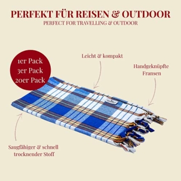 Carenesse Hamamtuch Classic 80 x 170 cm I Hamam Handtuch 100% Baumwolle I Saugfähiges & schnell trocknendes Pestemal/Fouta blau kariert I Hamam Strandtuch/Saunahandtuch mit kleinem Packmaß - 3