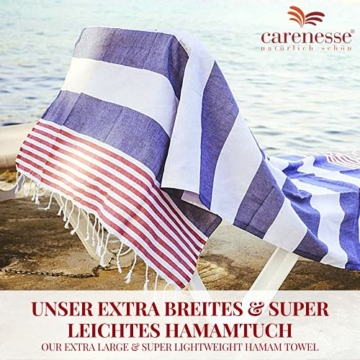 Carenesse Hamamtuch Tommy 100 x 180 cm I Hamam Handtuch 100% Baumwolle im Marine Look: blau-weiß-rot gestreift I Extra breites & saugfähiges Pestemal / Fouta I Saunahandtuch mit kleinem Packmaß - 2