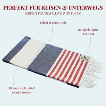 Carenesse Hamamtuch Tommy 100 x 180 cm I Hamam Handtuch 100% Baumwolle im Marine Look: blau-weiß-rot gestreift I Extra breites & saugfähiges Pestemal / Fouta I Saunahandtuch mit kleinem Packmaß - 3