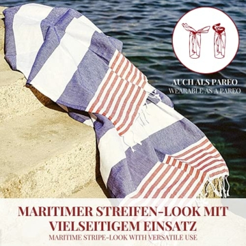 Carenesse Hamamtuch Tommy 100 x 180 cm I Hamam Handtuch 100% Baumwolle im Marine Look: blau-weiß-rot gestreift I Extra breites & saugfähiges Pestemal / Fouta I Saunahandtuch mit kleinem Packmaß - 6