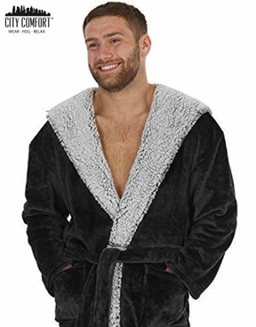 CityComfort Warme Bademäntel Für Herren | Superweiche Fleece Bademäntel Mit Kapuze Badejacke Robe Klassischen Designs | Morgenmantel Herren Lang | Geschenkidee für Männer (L, Holzkohle schwarz) - 2