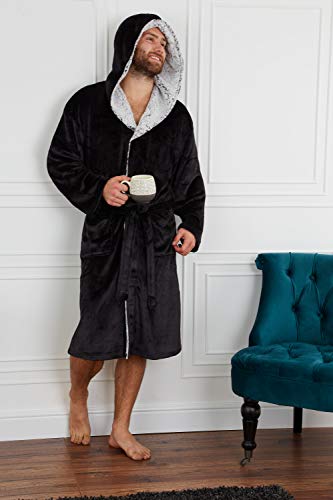 CityComfort Warme Bademäntel Für Herren | Superweiche Fleece Bademäntel Mit Kapuze Badejacke Robe Klassischen Designs | Morgenmantel Herren Lang | Geschenkidee für Männer (L, Holzkohle schwarz) - 5