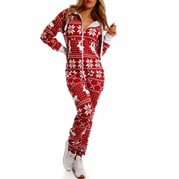 Crazy Age Kuscheliger Jumpsuit(Hoodie) Sweat Overall Ganzkörperanzug mit Renntier- Eiskristalle Motive CA-J-603 Relaxen Chillen (Bordeaux/Weiß, M) - 1