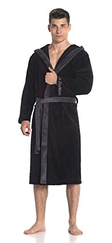 Di Ficchiano Herren MONZA Bademantel mit Kapuze Morgenmantel Herren Nachtwäsche Saunamantel Öko-Tex Standard 100 verifiziert - XL, Black Grey - 2
