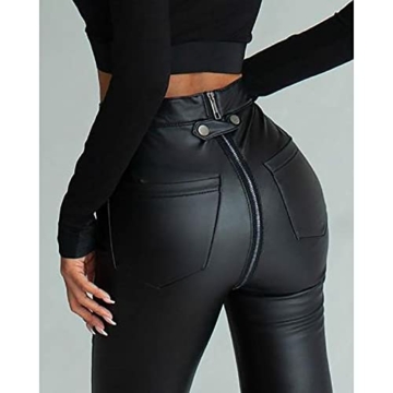 Hongsuny Damen Kunstlederhose Sexy Rückenreißverschluss Hohe Taille PU Leder Skinny Pants Schlanke Knopfleder Leggings mit Taschen - 5
